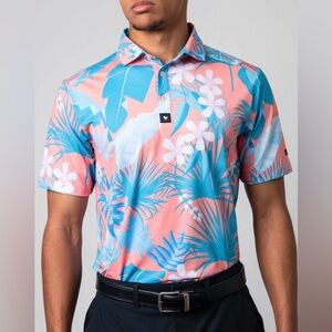 Bad Birdie Rivera Frond Pink & Blue Tropical Pattern Short Sleeve Golf Polo